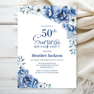 Invitación Sorpresa de Cumpleaños número 50 con Floral Azul
