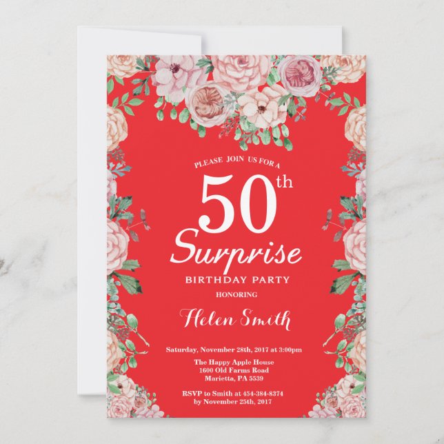 Invitación Sorpresa de cumpleaños número 50 de peonías rosada (Anverso)