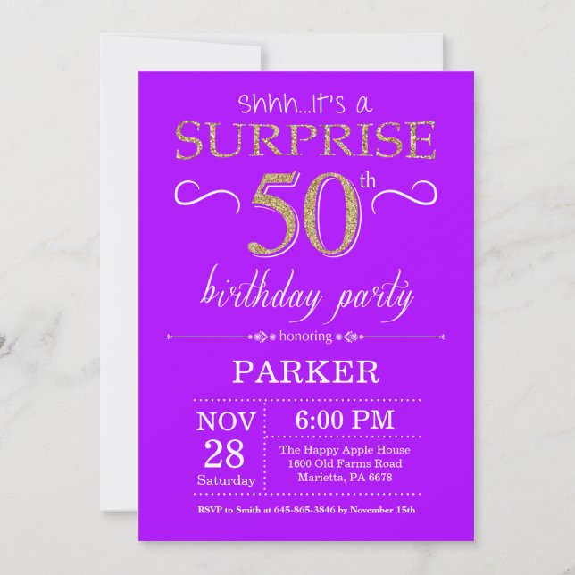 Invitación sorpresa de cumpleaños número 50 púrpur (Anverso)