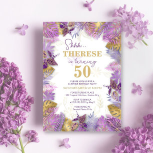 Invitación Sorpresa de cumpleaños número 50 Tropical Púrpura