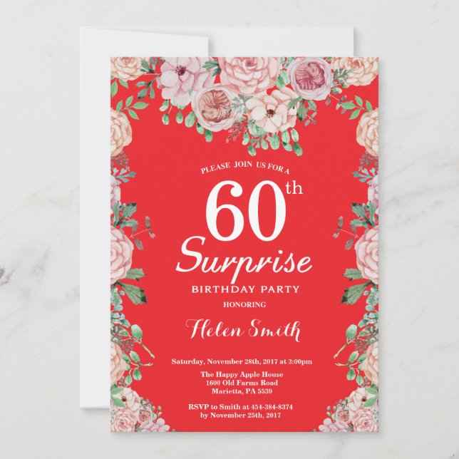 Invitación Sorpresa de cumpleaños número 60 de peonías rosada (Anverso)