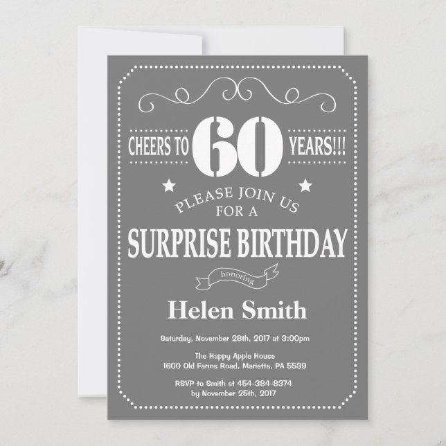 Invitación sorpresa de cumpleaños número 60 gris y (Anverso)