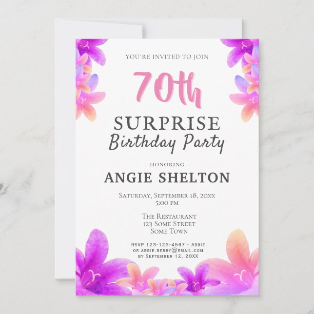 Invitación Sorpresa de cumpleaños número 70 de Pink Bellflowe (Anverso)