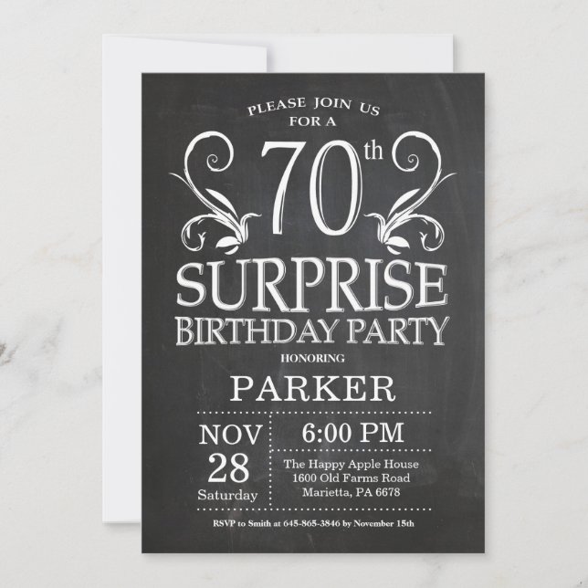 Invitación sorpresa de cumpleaños número 70 en piz (Anverso)