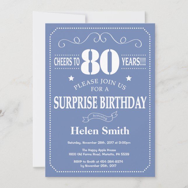 Invitación sorpresa de cumpleaños número 80 azul y (Anverso)