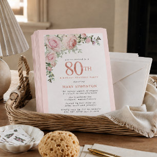 Invitación Sorpresa de cumpleaños número 80 con flores rosada