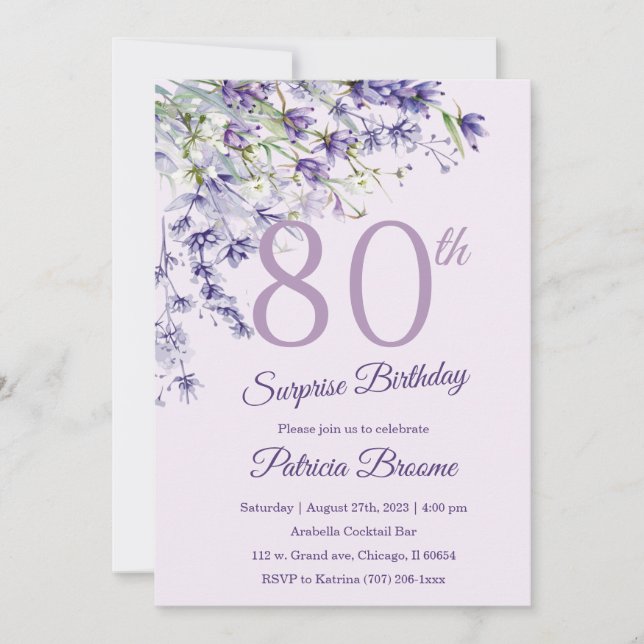 Invitación Sorpresa de cumpleaños número 80 para mujeres (Anverso)