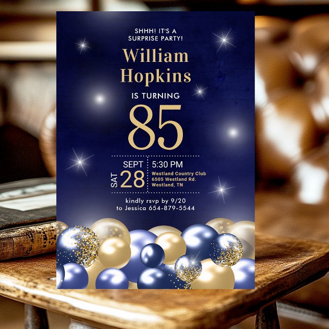 Invitación Sorpresa de cumpleaños número 85 globos azules y d (Subido por el creador)