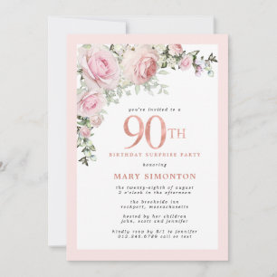 Invitación Sorpresa de cumpleaños número 90 con flores rosada