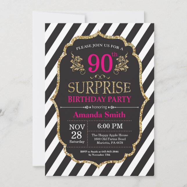 Invitación sorpresa de cumpleaños número 90 rosa n (Anverso)