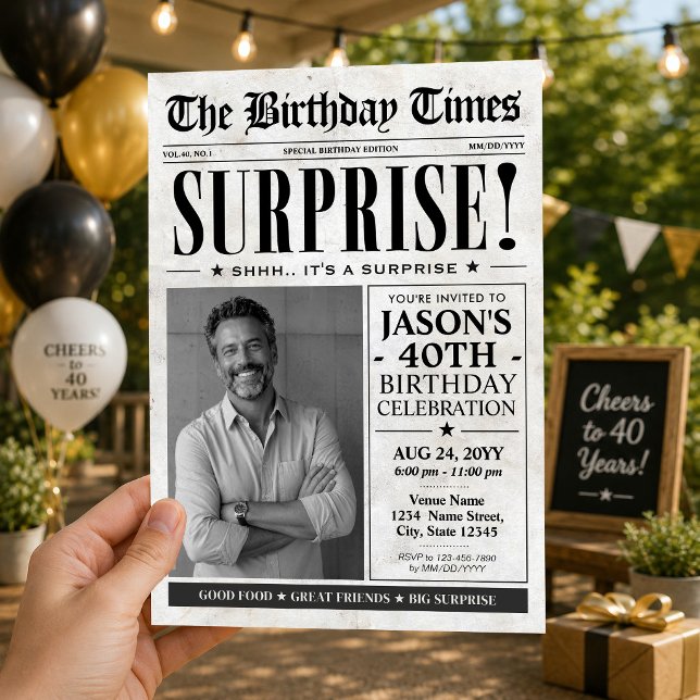 Invitación Sorpresa de Cumpleaños, Periódico de Cu (Custom Birthday Newspaper Surprise Birthday Invitation)