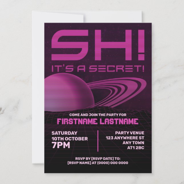 Invitación sorpresa de cumpleaños Pink Retrowave (Anverso)