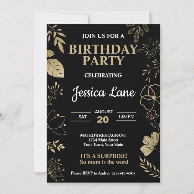Invitación Sorpresa de cumpleaños rústica elegante (Anverso)