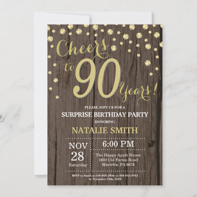Invitación Sorpresa de Diamante de Madera Rústica y Oro para  (Anverso)