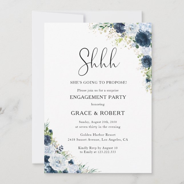 Invitación Sorpresa de fiesta de compromiso floral Navy Azul  (Anverso)