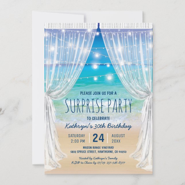 Invitación Sorpresa de fiesta de cumpleaños en destino de pla (Anverso)