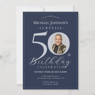 Invitación Sorpresa de foto azul marino plata 50 cumpleaños