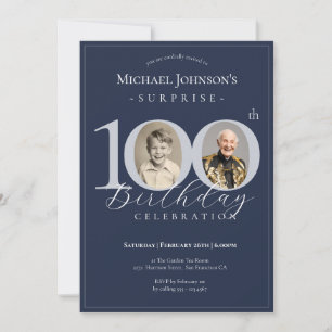 Invitación Sorpresa de foto azul marino plata cumpleaños 100