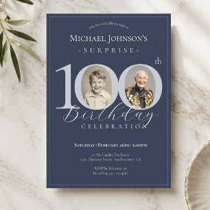 Invitación Sorpresa de foto azul marino plata cumpleaños 100