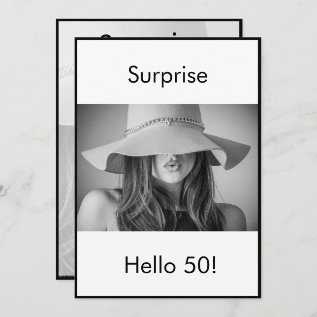 Invitación Sorpresa de Foto en Blanco y Negro para Cumpleaños (Anverso / Reverso)