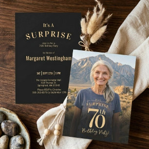 Invitación Sorpresa de foto moderna de oro negro para 70 cump