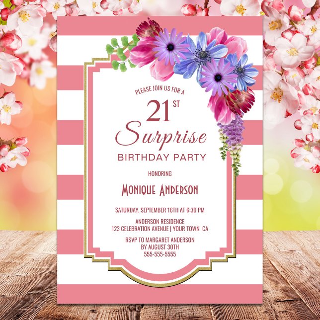 Invitación Sorpresa de la banda rosa morada floral 21 cumplea (Subido por el creador)