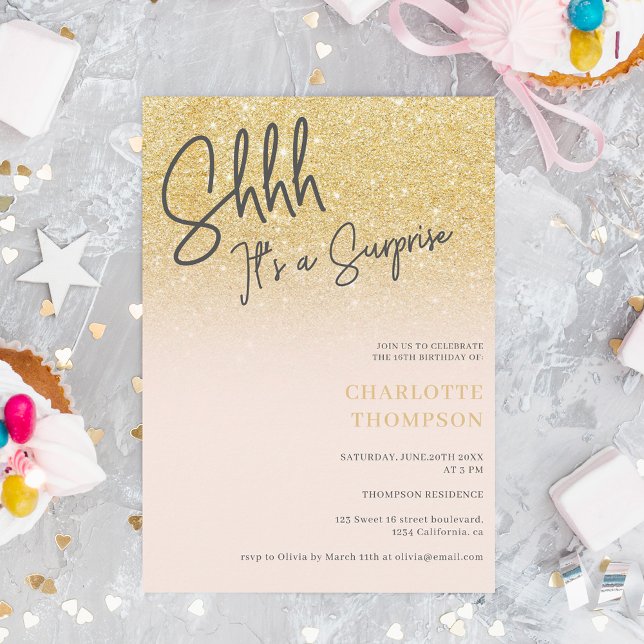 Invitación Sorpresa de la foto rosa oscuro purpurina dorado S (Subido por el creador)