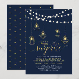 Invitación Sorpresa de luces doradas y azules por aniversario