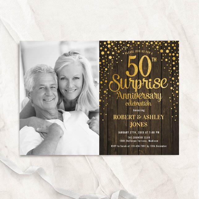 Invitación Sorpresa de madera rústica dorada Foto 50 Aniversa (Subido por el creador)