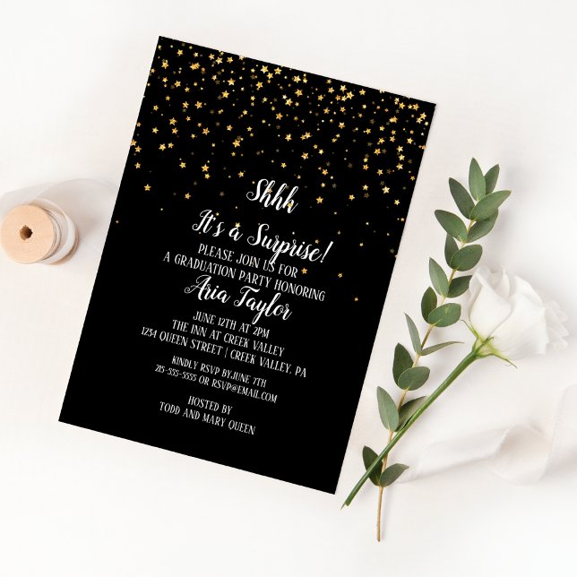 Invitación Sorpresa de oro con confeti en negro para graduaci (Subido por el creador)