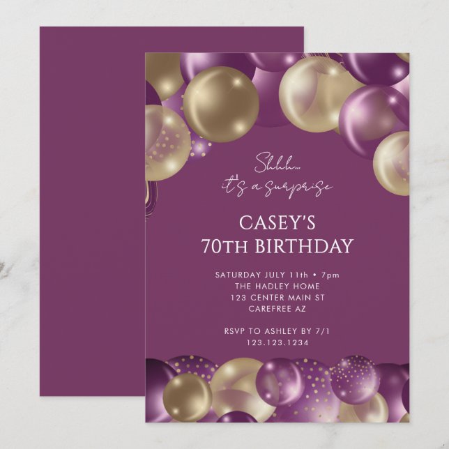Invitación Sorpresa de oro púrpura 70 cumpleaños (Anverso / Reverso)