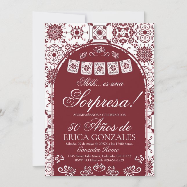 Invitación Sorpresa de Papel Picado de Borgoña para Invitació (Anverso)