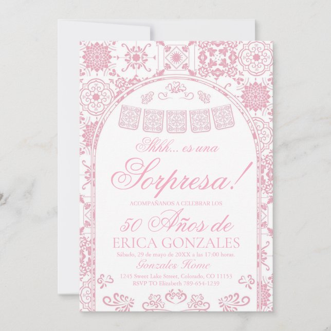 Invitación Sorpresa de Papel Picado Rosa Rubor para Cumpleaño (Anverso)