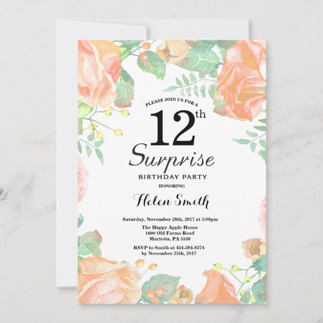 Invitación Sorpresa de Peach Floral Botánica 12º cumpleaños (Anverso)