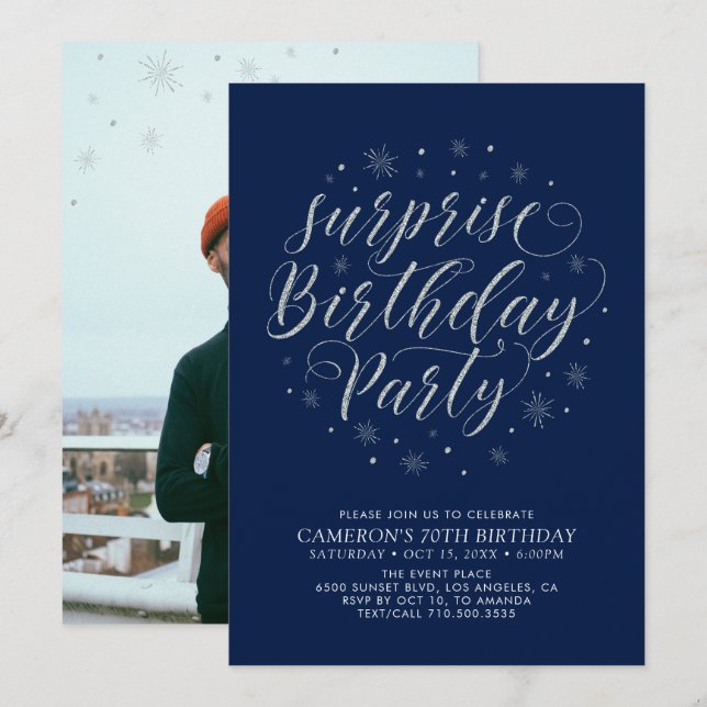 Invitación Sorpresa de plata moderna para cumpleaños de adult (Anverso / Reverso)