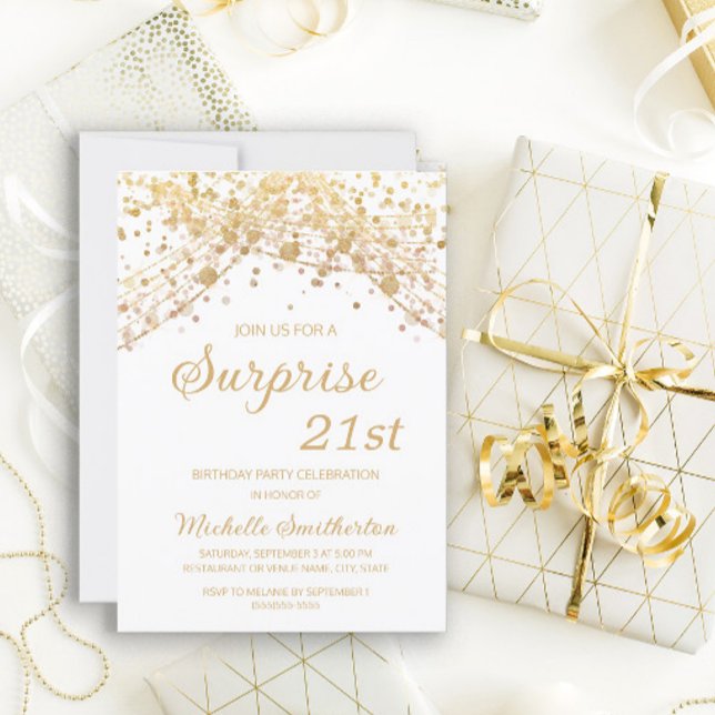 Invitación Sorpresa de purpurina de oro blanco para 21 cumple (Subido por el creador)