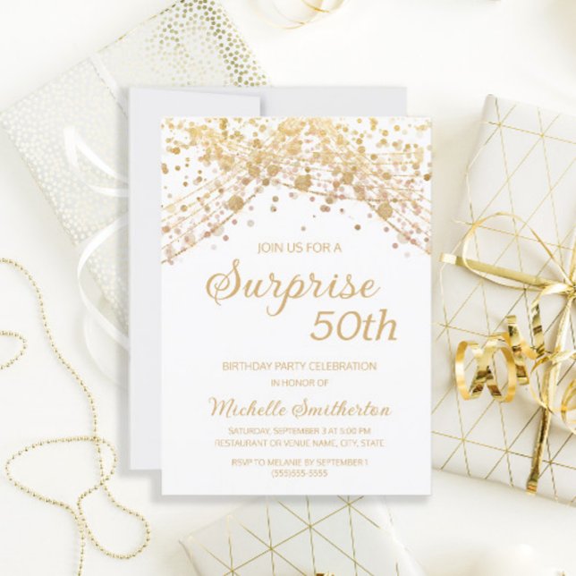 Invitación Sorpresa de Purpurina de Oro Blanco para 50 Cumple (Subido por el creador)