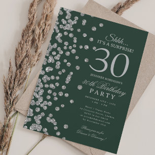 Invitación Sorpresa de purpurina de plata Cumpleaños 30 Fiest