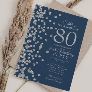 Invitación Sorpresa de purpurina plateada Cumpleaños 80 Navy