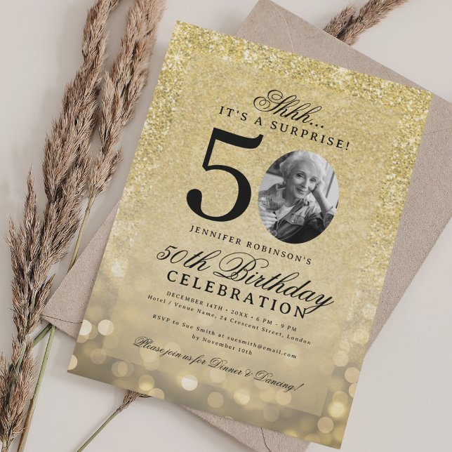 Invitación SORPRESA DE TODO ORO Cumpleaños Glam 50  (ALL GOLD SURPRISE Photo Glam 50th Birthday Invitation)