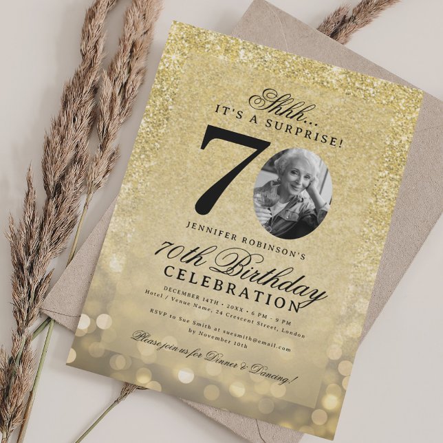 Invitación SORPRESA DE TODO ORO Cumpleaños Glam 70  (ALL GOLD SURPRISE Photo Glam 70th Birthday Invitation)