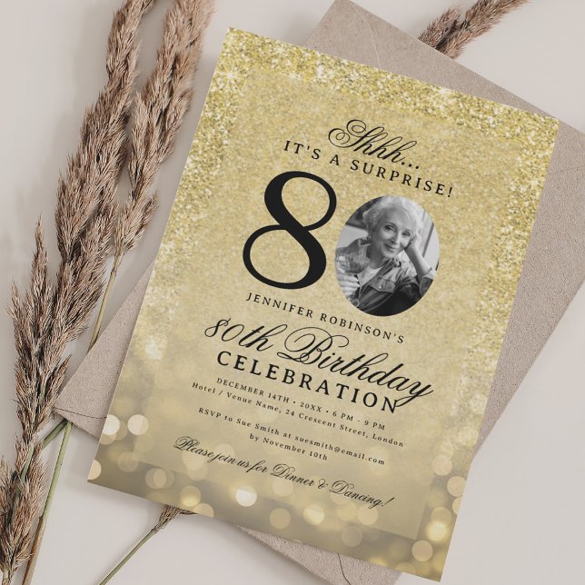 Invitación SORPRESA DE TODO ORO Cumpleaños Glam 80  (ALL GOLD SURPRISE Photo Glam 80th Birthday Invitation)