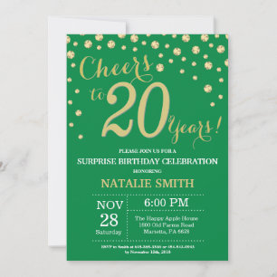 Invitación Sorpresa de Verde y Dorado Cumpleaños 20 Diamante