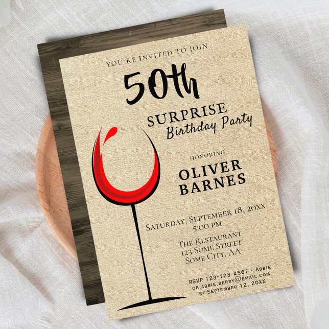 Invitación Sorpresa de vino tinto rústico para cumpleaños 50 (Subido por el creador)