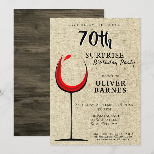 Invitación Sorpresa de vino tinto rústico para cumpleaños 70 (Anverso / Reverso)