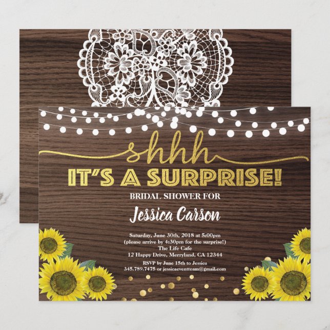 Invitación Sorpresa ducha de novia flor de oro rústico (Anverso / Reverso)