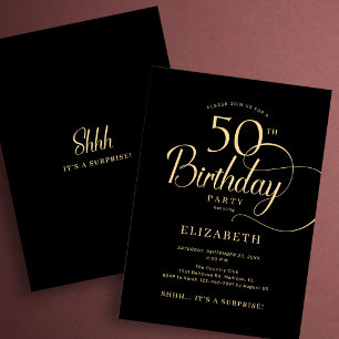 Invitación Sorpresa elegante cumpleaños 50 negro oro escritur