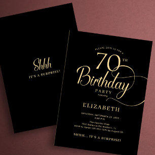 Invitación Sorpresa elegante de cumpleaños 70 en negro y dora