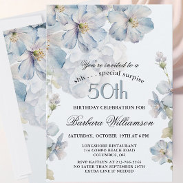 Invitación SORPRESA Elegante Floral Azul Cumpleaños 50