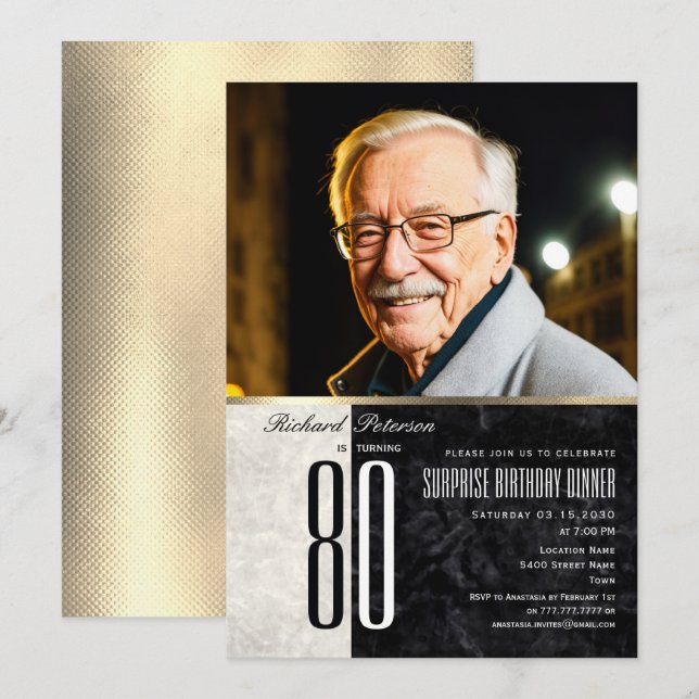Invitación Sorpresa Elegante Foto Cumpleaños 80 de Oro (Anverso / Reverso)